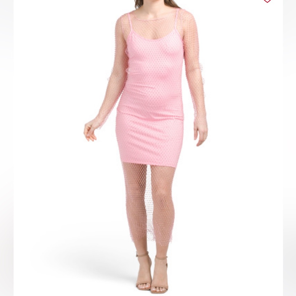 Endless Rose Pink Mesh Overlay Shimmering Midi Dress Size Medium NWT